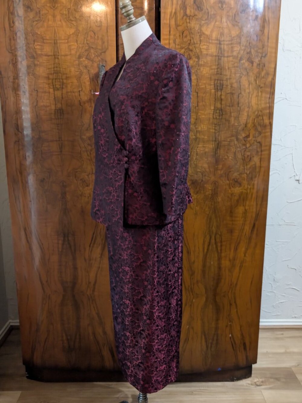 Alex Evenings Formal Jacket & Maxi Skirt Suit Set 14 Burgundy Black Jacquard Bea - Picture 6 of 10